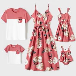 PatPat Family Matching Outfits Allover Floral Print Belted Slip Dresses And Colorblock Short-sleeve T-shirts Sets