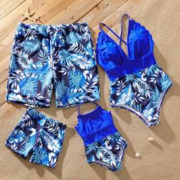 PatPat Family Matching Palm Leaves Print Blue One-piece Swimsuit