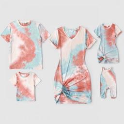 PatPat Family Matching Colorblock Tie Dye Twist Knot Bodycon Dresses And Short-sleeve T-shirts Sets