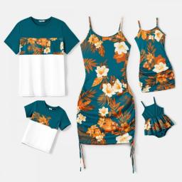 PatPat Family Matching Allover Floral Print Drawstring Ruched Bodycon Cami Dresses And Short-sleeve Spliced T-shirts Sets