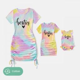 PatPat Mommy And Me 95Percent Cotton Short-sleeve Letter Print Tie Dye Drawstring Ruched Bodycon T-shirt Dresses