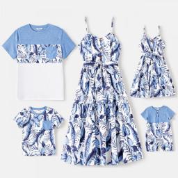 PatPat Family Matching Allover Leaf Print Naia Cami Dresses And Short-sleeve Colorblock T-shirts Sets