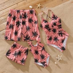 PatPat Family Matching Swimsuit All Over Coconut Tree Print Pink Swim Trunks Shorts And Spaghetti Strap One-Piece Swimsuit