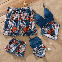 PatPat Family Matching Swimsuit Solid Splicing Palm Leaf Print Spaghetti Strap One-Piece Swimsuit And Swim Trunks Shorts