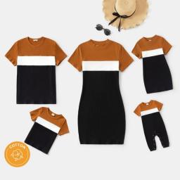 PatPat Family Matching Outfits Cotton Short-sleeve Colorblock Rib Knit Mock Neck Bodycon Dresses And Tops Short-sleeve Tee Sets
