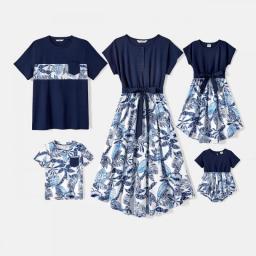 PatPat Family Matching Outfits 95Percent Cotton Allover Plant Print Short-sleeve Belted Spliced Dresses And T-shirts Sets