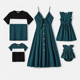 PatPat Family Matching Outfits Solid Knot Front Cami Dresses And Colorblock Short-sleeve Tee Sets