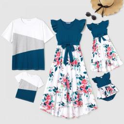 PatPat Family Matching Outfits Solid V Neck Flutter-sleeve Splicing Floral Print Dresses Short-sleeve Colorblock T-shirts Sets