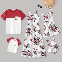 PatPat Family Matching Outfits All Over Floral Print Spaghetti Strap Dresses And Colorblock Short-sleeve T-shirts Sets