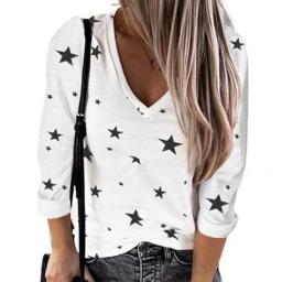 Women Digital Stars Print T-shirt Fashion Casual V-neck Long Sleeve Top Blouse