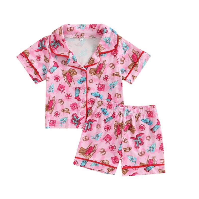 EWODOS Toddler Baby Kid Girl Boy Pajamas Sets Casual Short Sleeve Cartoon Bull Boots Print Buttons Tops and Loose Short Pants