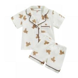 EWODOS 1-6 Years Toddler Baby Kid Unisex Casual Pajama Suit Cartoon Bear Print Short Sleeve Front Pocket Lapel Tops+ Shorts