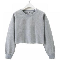 Women Long-Sleeved Solid Color Sweatshirt O-Neck Cropped Short Sweater Top Cotton Cuffs Tightening Casual Sports Autumn Pullover