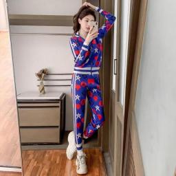 Spring Women's New Korean Version Printed Bouquet Collar Jacket Small Foot Pants Two-Piece Fashion Casual Simple Sports Suit