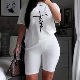 Summer Plus Size Women's Fashion Positioning Printing Suit Casual Two-piece Short-sleeved O-Neck Top Shorts Two-piece Suit