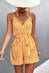 Sleeveless Summer Jumpsuit For Women Casual Stripe Woman Jumpsuit Loose V-Neck Summer Romper Shorts Beach Playsuit Female Outfit