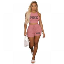 HLJ Casual Sporty PINK Letter Shorts Sets Women Crop Vest + Shorts Two Piece Outfits Summer Ribber Matching 2pcs Tracksuits 2023