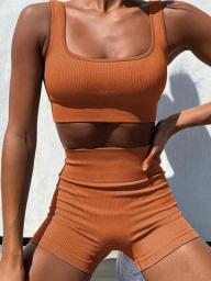 2 Piece Set Women Fitness Sports Outfits Solid Color Ribbed Sleeveless U Neck Crop Tops + Bodycon Short Pants Female Tracksuits
