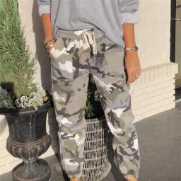 2023 Gray  Camouflage Print High Elastic Waist Full Length Camo Cargo Pants Women Clothes Sweatpants Casual Loose Trousers