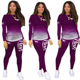HLJ Fashion PINK Letter Gradient Print  Two Piece Sets Women Long Sleeve Top And Skinny Pants Tracksuits Casual 2pcs Tracksuits