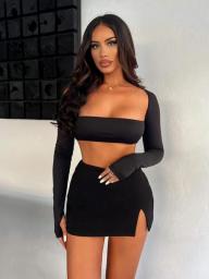 Townlike White Sexy Two Piece Set Long Sleeve Crop Top And Side Split Mini Skirts Slim 2 Pieces Sets Women 2022 Autumn Outfits