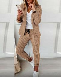 Botvotee Pant Sets Womens 2 Piece Drawstring Pencil Pants + Long Sleeve Cardigans Turn-down Collar Casual Plaid Blazer 2023 New