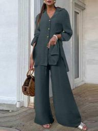 Casual Loose Women 2 PCS Sets Celmia Fashion Solid Lapel Collar Long Sleeves Shirt And Wide Leg Long Pant Suit Pocket Slit Sets