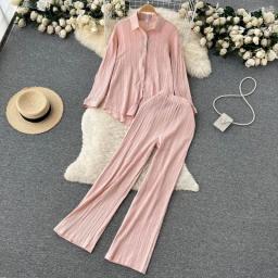 Sexy Solid Suit Two Pieces Outfits Office Lady Long Sleeve Lapel Jacket Coat Suits 2022 Women Casual Wide Leg Trousers Set