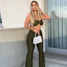 Sylph Solid Green Women 2 Pieces Sexy Pants Set Hollow Out Lace Up Crop Top Sleelveless Mid Waist Flare Trouser Party Outfits