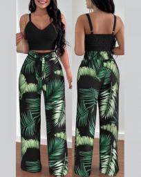 Two Piece Sets Womens Outifits Summer Fashion Printed Suspenders V Neck Sleeveless Crop Top & Casual Wide-Leg Long Pants Set