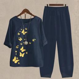 Summer Two Piece Sets Womens Outfits O Neck Flower Print Loose Short Sleeve Shirt High Waist Pants Suit 2023
