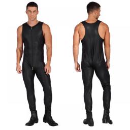 Mens Zipper Sleeveless Bodysuit Solid Color Slim Fit Jumpsuit Bodybuilding Fitness Patent Leather Clubwear Music Festival Outfit