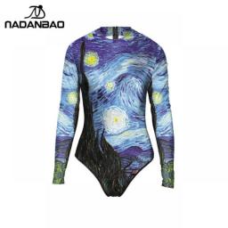 New Style Bodysuit Beach Wear Van Gogh Printed Women Swimwear Loog Sleeve Zippered One Piece Swimsuit Y02016