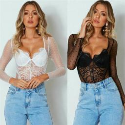 Sexy Summer Women Lingerie Romper Dots Floral Fashion Sheer Mesh Lace See-through Club Bodysuits Long Sleeve Transparent Clothes