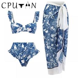 CPUTAN 2023 Sexy One Piece Swimsuit Skirt Summer Women Halter 3D Flower Print Swimwear Beach Dress Cover Up Monokini Bath Suit