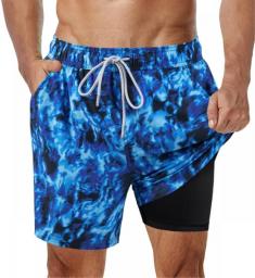 SURFCUZ Mens Swimming Trunks With Compression Liner Stretch Mens Swimwear 2 In 1 Quick Dry Running Gym Swim Shorts For Men