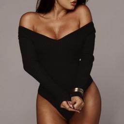 New Fashion Women Knit Sexy Long Sleeve Short Romper Off Shoulder Jumpsuit Stretch Bodysuit Leotard Ribbed Top Blouse