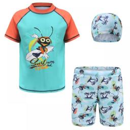 Kid Boys Swimsuit Swimwear Beachwear Sets Short Sleeve Swim Tops Trunks And Hat Summer Outfits Rash Guard Swimming Bathing Suits