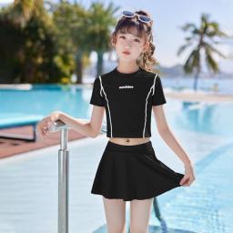 Beach Girl's Swimsuit 2pcs Short-Sleeve Pool Diving Suit Children's Sunscreen Swimwear Teenager Quick-Drying Princess Dress