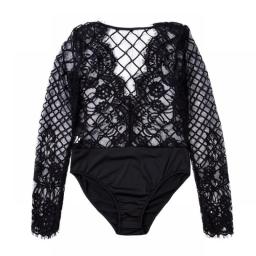 ITFABS Brand Women Sexy Hollow Out Lace Jumpsuit Bodycon Bodysuit Leotard Female Long Sleeve Deep V Neck See Through Bodysuit