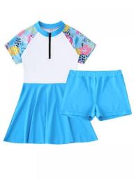 Kids Girls 2 Piece Swimsuit Stand Collar Short Sleeves Front Zipper Swim Dress With Bottoms Summer Swimwear Bathing Suit