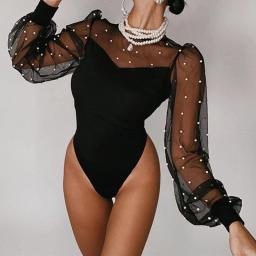 Sexy See Through Beading Bodysuits Women Mesh Patchwork Long Sleeve Black Rompers  Club Party Elegant Fashion Leotard Basic Tops