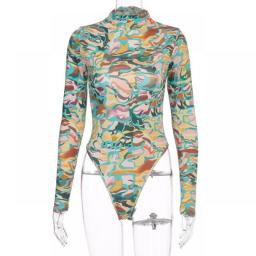 2020 Stand Collar Long Sleeve Print Bodysuit Women Spring Summer Sexy Backless Skinny Bodysuit Ladies Streetwear Club Clothes