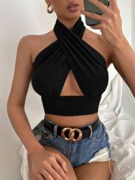 Women Summer Tank Tops Sexy Solid Color Cross Halter Neck Push Up Hollow Crop Tops High Street Wear 2023 New Fashion