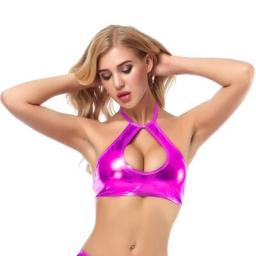 Candy Color Wetlook Sexy Halter Top Hollow Out Bandage PU Leather Crop Tops Shiny Clubwear Camisole Exotic Vest Camis Tanks Tank