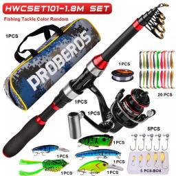 Telescopic Fishing Rod Spinning Reel Combo Set With Fishing Line Angling Lures Kit Spinner Hooks Soft Bait Worm Popper Minnow