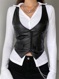 PU Leather Vest Vintage Women Sleeveless V Neck Button Tank Tops 2000s Dark Academia Waistcoat Female Summer Fall