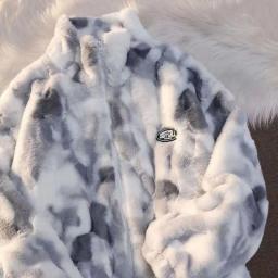 Tie Dye Woman Zipper Jacket Real Rabbit Fur Coat Real Fur Winter Clothes Women Long Sleeve Oversize Tops Streetwear Warm Jacket