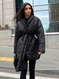 Lapel Collar Checkered Lace-up Parkas Female Hooded Long Sleeve Solid Coat Winter Slim Casual Elegant Windproof Outwear