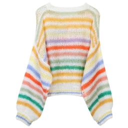 Rainbow Embroidery Scissors Striped Knitted Hollow Sweater Niche Design Women's Knitwear Loose Casual Fashion Tops Flowers